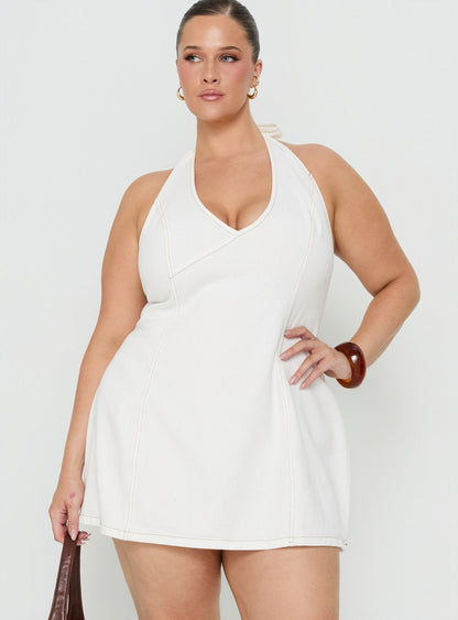 Say Goodnight Denim Halter Mini Dress Cream Curve