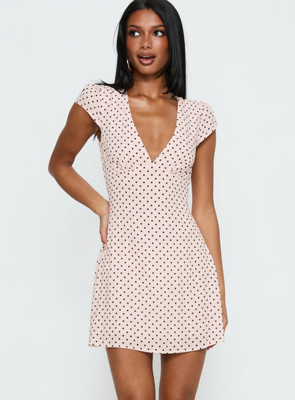 Cannelloni Mini Dress Pink / Brown Polka Dot