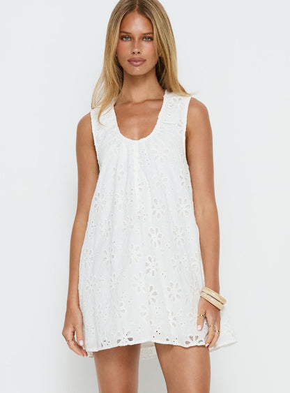 Eberta Ruched Baby Doll Mini Dress White Anglaise