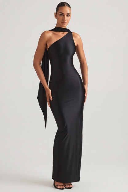 Asymmetric Scarf-Detail Maxi Dress in Black