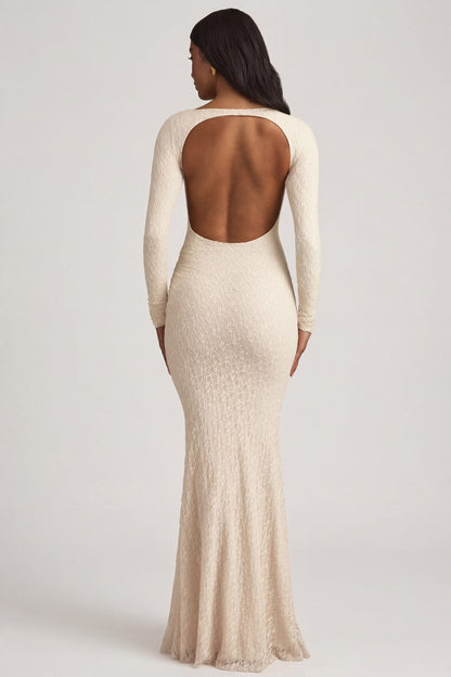 Ruched Backless Lace Maxi Dress in Ivory