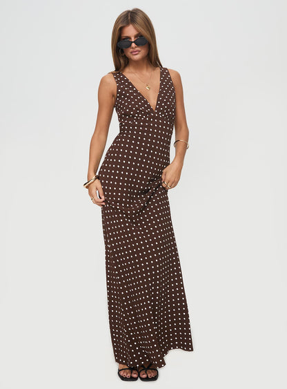Nellie Maxi Dress Brown Polka Dot Tall
