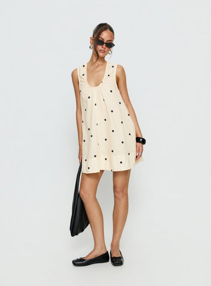 Eberta Ruched Baby Doll Mini Dress Yellow Polka Dot