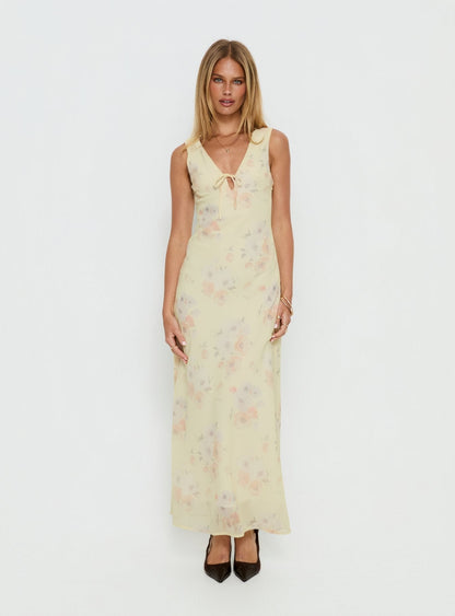 Joannah V Neck Midi Dress Yellow Floral