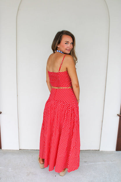 Jane Polka Dot Drop Waist Maxi Skirt