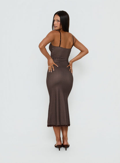 Delaney V Neck Frill Midi Dress Brown / Pink Polka Dot