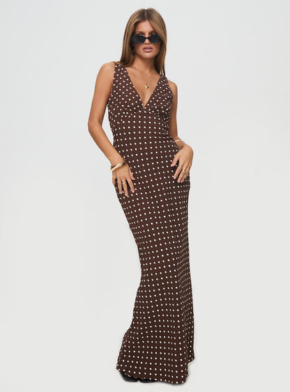 Nellie Maxi Dress Brown Polka Dot Tall