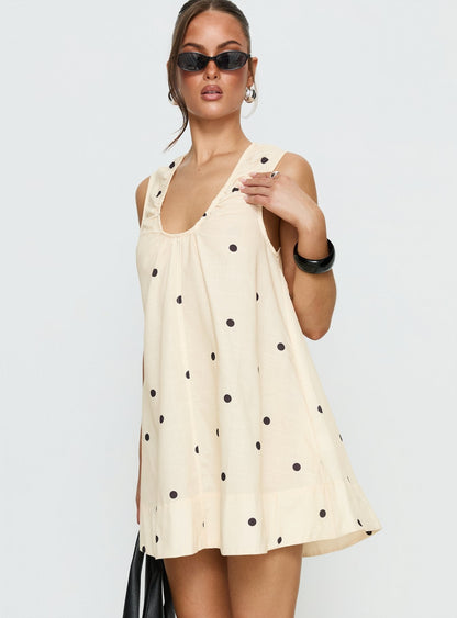 Eberta Ruched Baby Doll Mini Dress Yellow Polka Dot