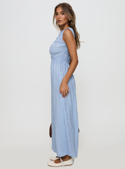 Fables Shirred Maxi Dress Blue Gingham