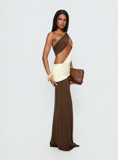 Loletta Draped One Shoulder Maxi Dress Chocolate / Yellow