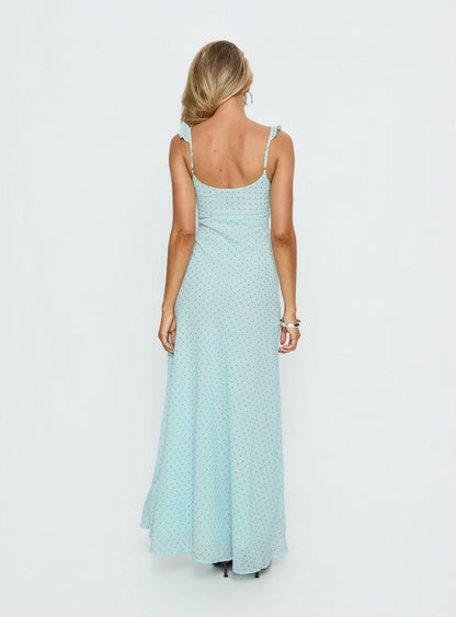 Aryelle Chiffon Frill Maxi Dress Blue Polka Dot