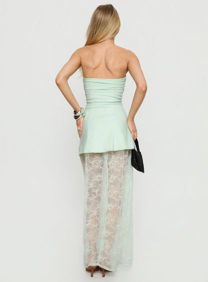 Aleda Sheer Lace Detail Strapless Maxi Dress Sage
