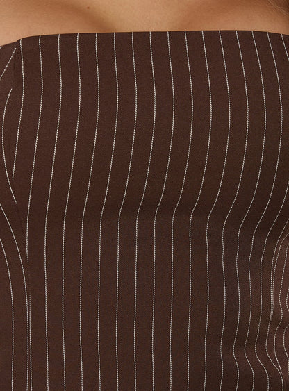Mikena Strapless Belt Mini Dress Brown Pinstripe