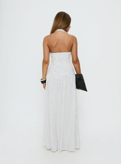 Millen Gathered Waist Halter Maxi Dress White Polka Dot