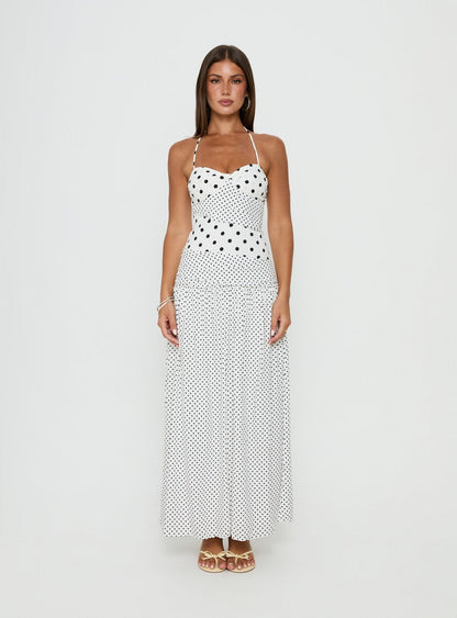Marguerite Halter Maxi Dress White Polka Dot
