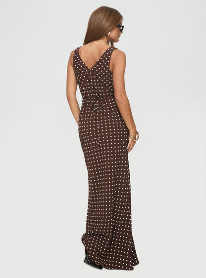 Nellie Maxi Dress Brown Polka Dot Tall