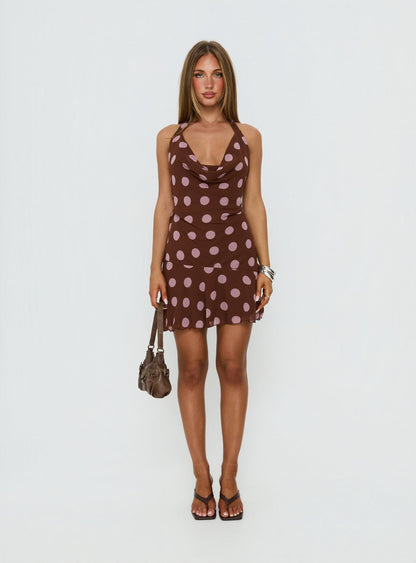 Karolie Halter Plunge Mini Dress Brown / Lilac Polka Dot