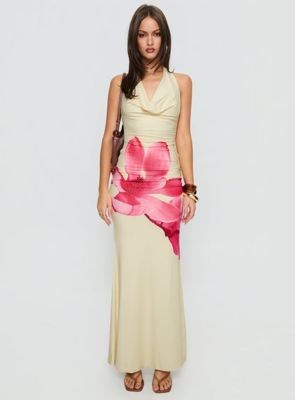 Raleina Halter Cowl Neck Maxi Dress Lemon Floral