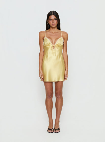 Jasminda Lace Trim Mini Dress Yellow