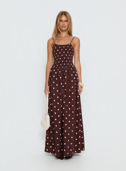 Ryna Scoop Maxi Dress Brown Polka Dot