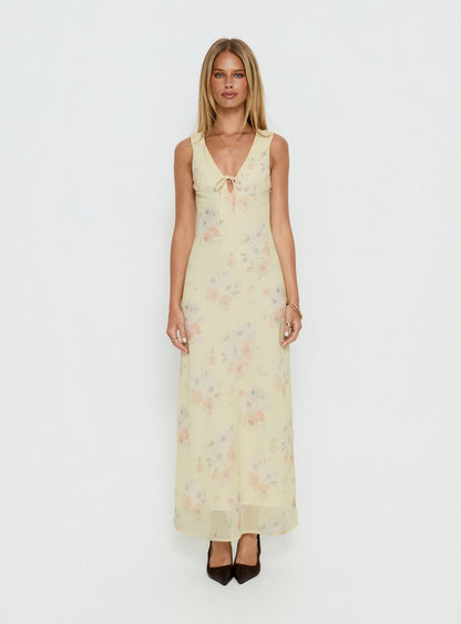 Joannah V Neck Midi Dress Yellow Floral