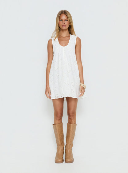 Eberta Ruched Baby Doll Mini Dress White Anglaise