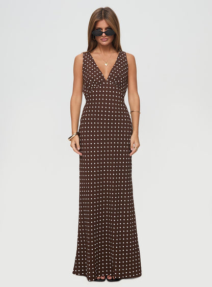 Nellie Maxi Dress Brown Polka Dot Tall