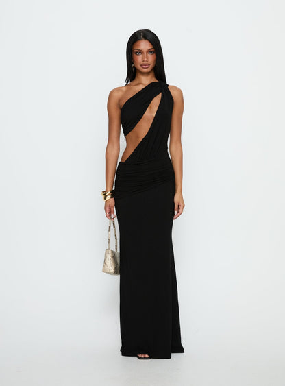 Loletta Draped One Shoulder Maxi Dress Black