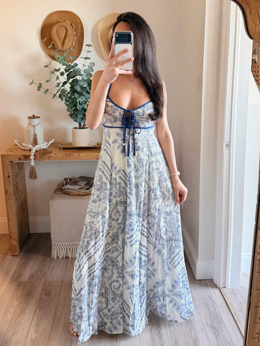 Brynn Blue Trim Printed Maxi Dress