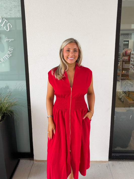 Madison Zip Smocked Waist Midi Dress