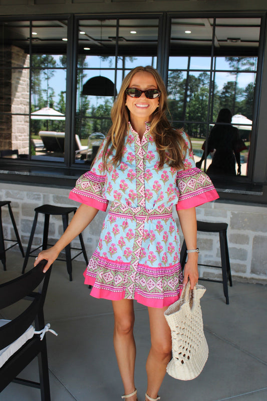 Isla Block Print Belted Mini Dress