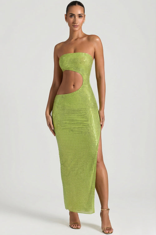 Embellished Cut-Out Bandeau Maxi Dress in Pear Green