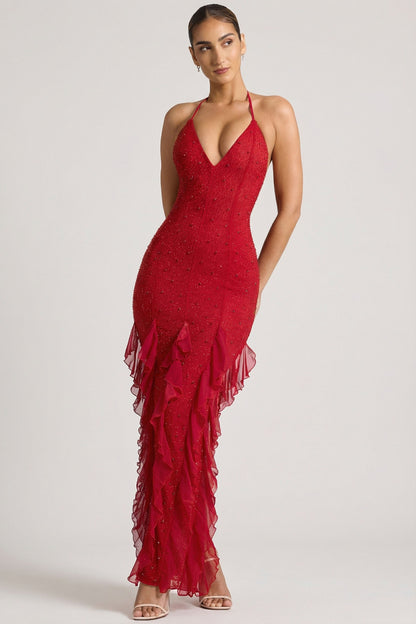 Embellished Halter Neck Ruffle Maxi Dress in Red