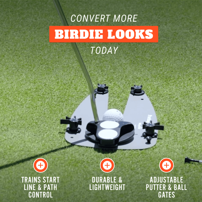 Golf training device on a green surface with text promoting its features.